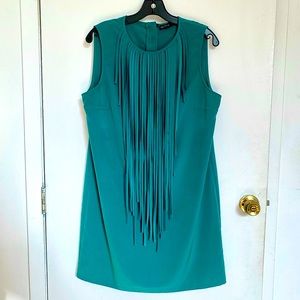 Zara Basic emerald green sleeveless shift dress with fringe.